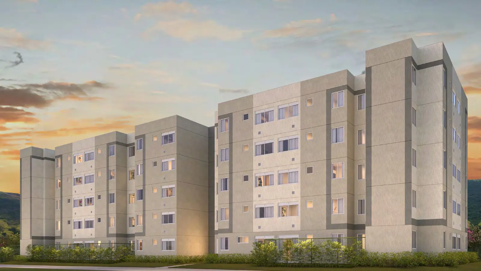 Fachada dos blocos residenciais do Aurora Iguaçu em Nova Iguaçu