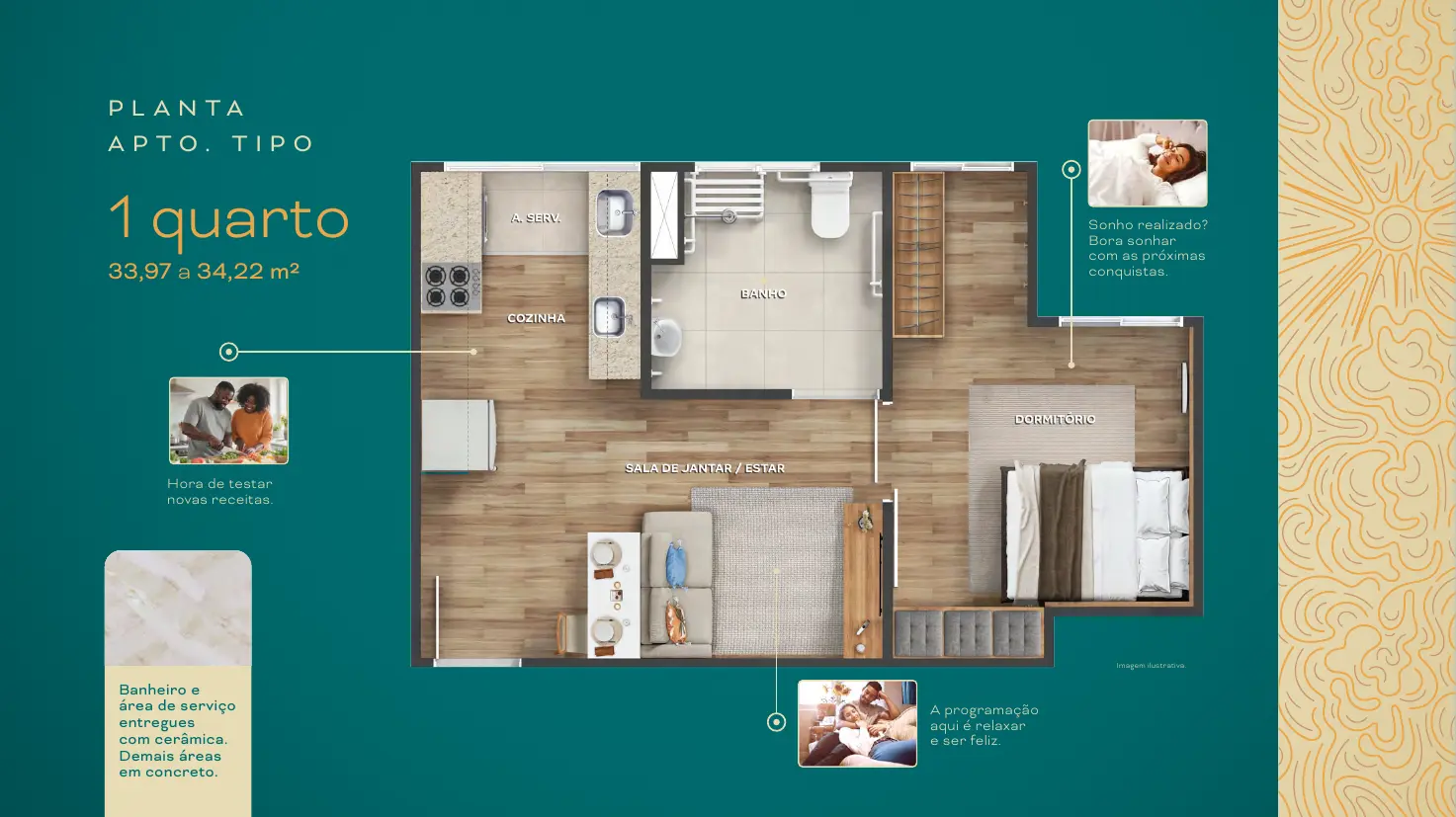 Planta humanizada de apartamento de 1 quarto do Aurora Iguaçu