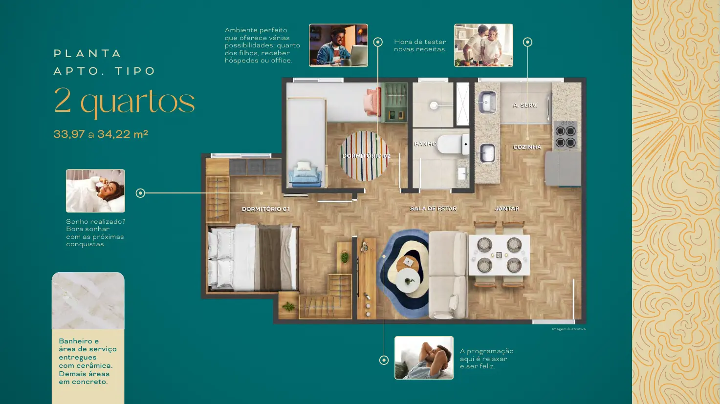 Planta humanizada de apartamento de 2 quartos do Aurora Iguaçu, com 33,97 a 34,22 m²