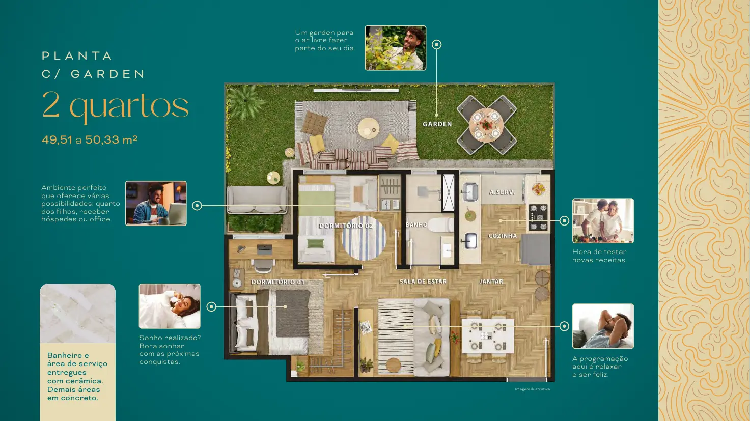 Planta humanizada de unidade Garden de 2 quartos do Aurora Iguaçu