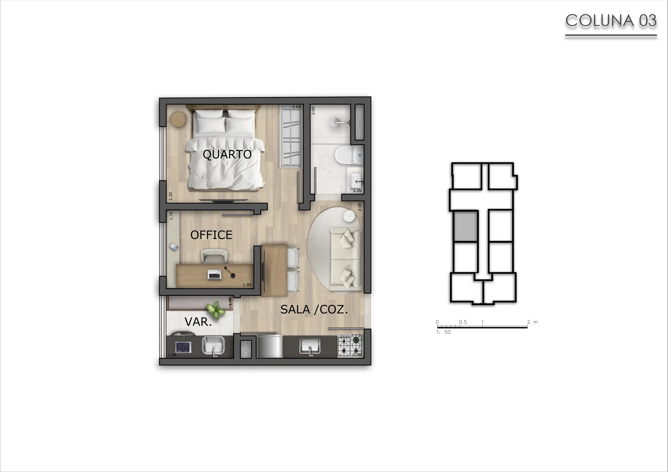 Planta de referência de apartamento de 1 quarto com office do Live Otávio Tarquínio
