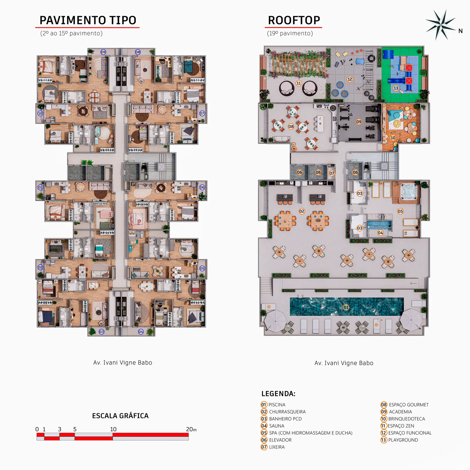 Masterplan do pavimento tipo e rooftop do Oásis Residencial