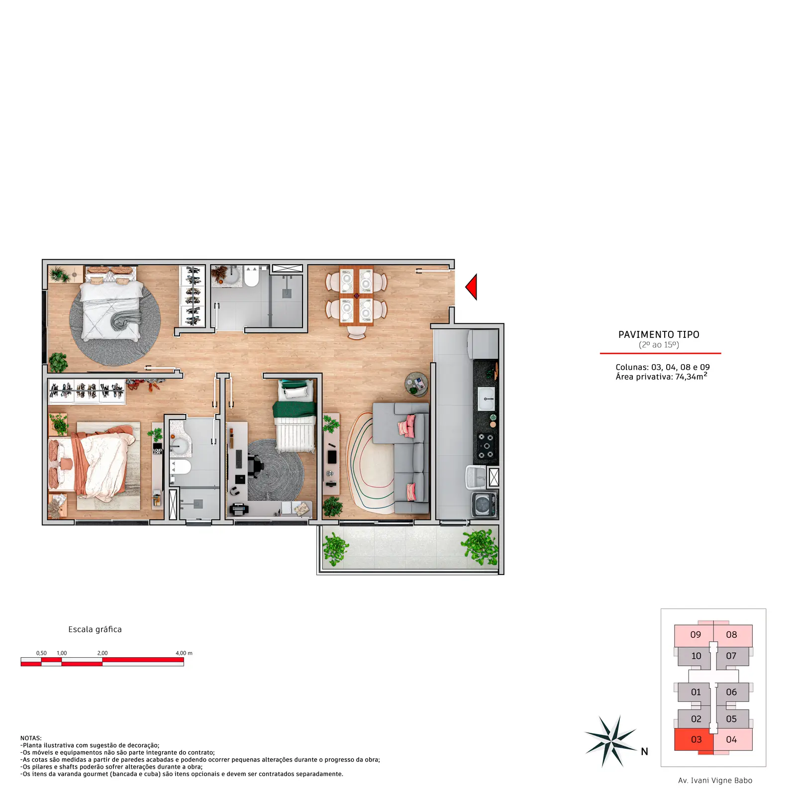 Planta humanizada de apartamento do Oásis Residencial