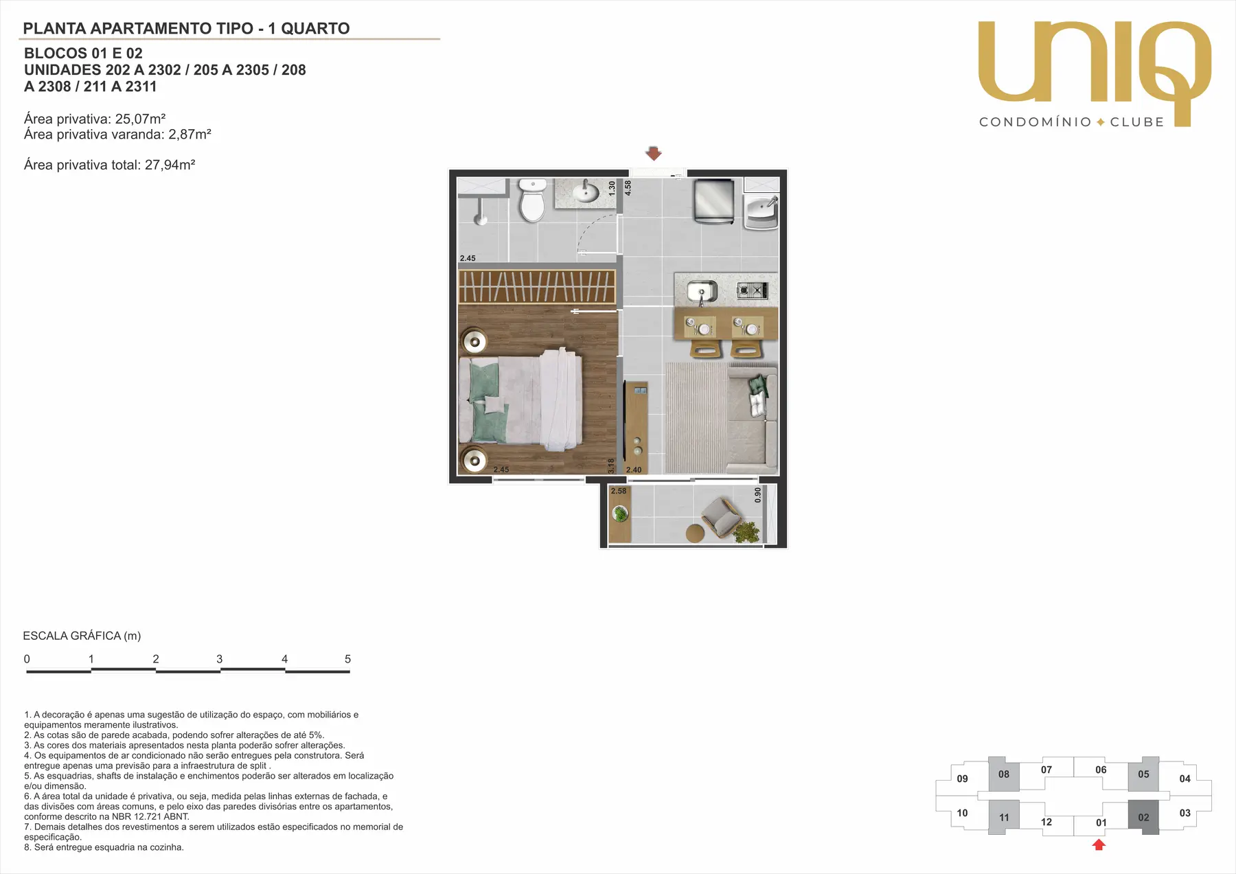 Planta de apartamento de 1 quarto do Uniq Nova Iguaçu