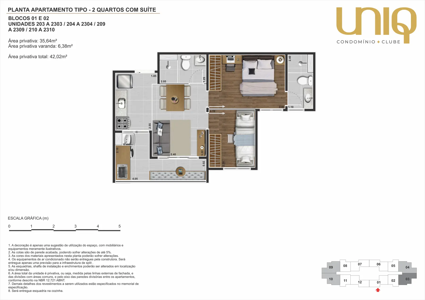 Planta de apartamento de 2 quartos com suíte e varanda do Uniq Nova Iguaçu