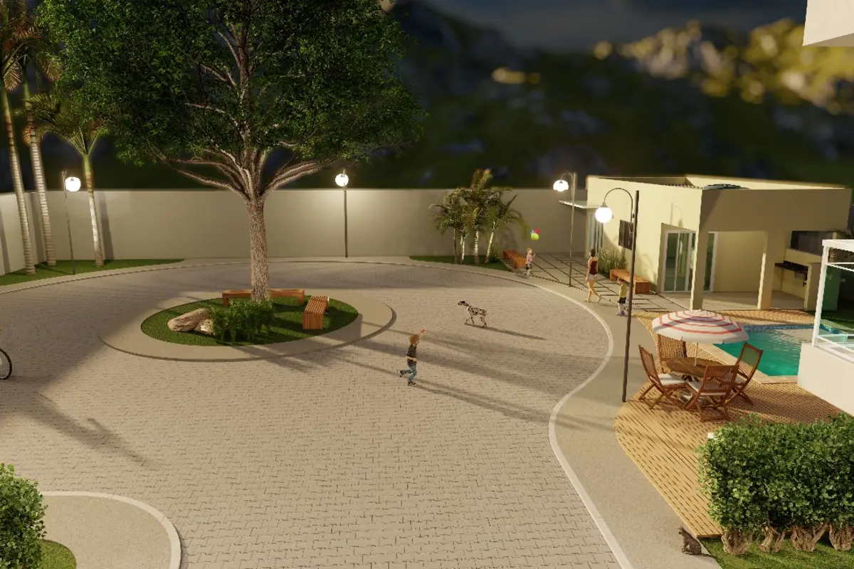 Perspectiva noturna das casas e da piscina do Vida Residencial