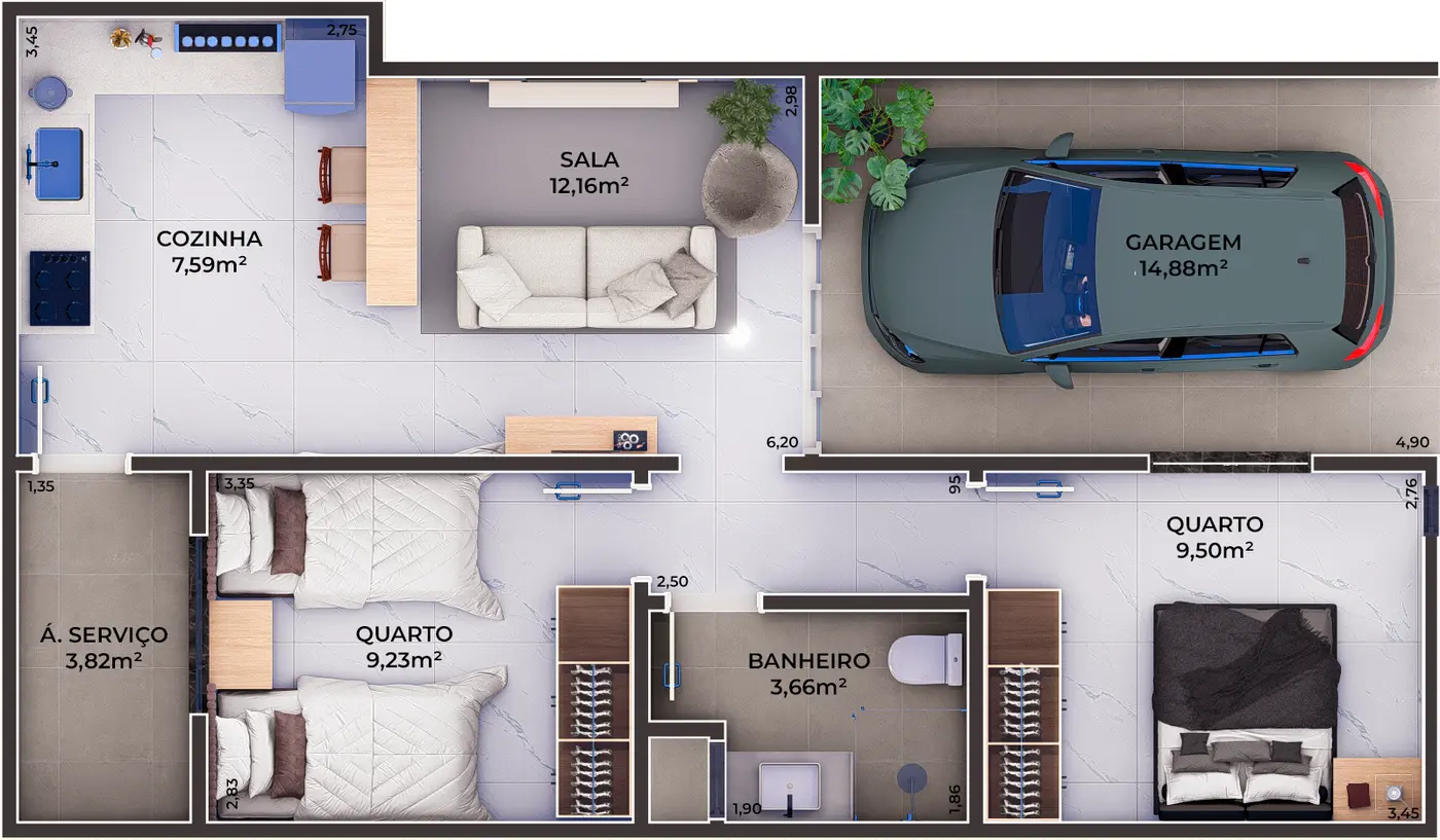 Planta humanizada de casa de 2 quartos do Vida Residencial