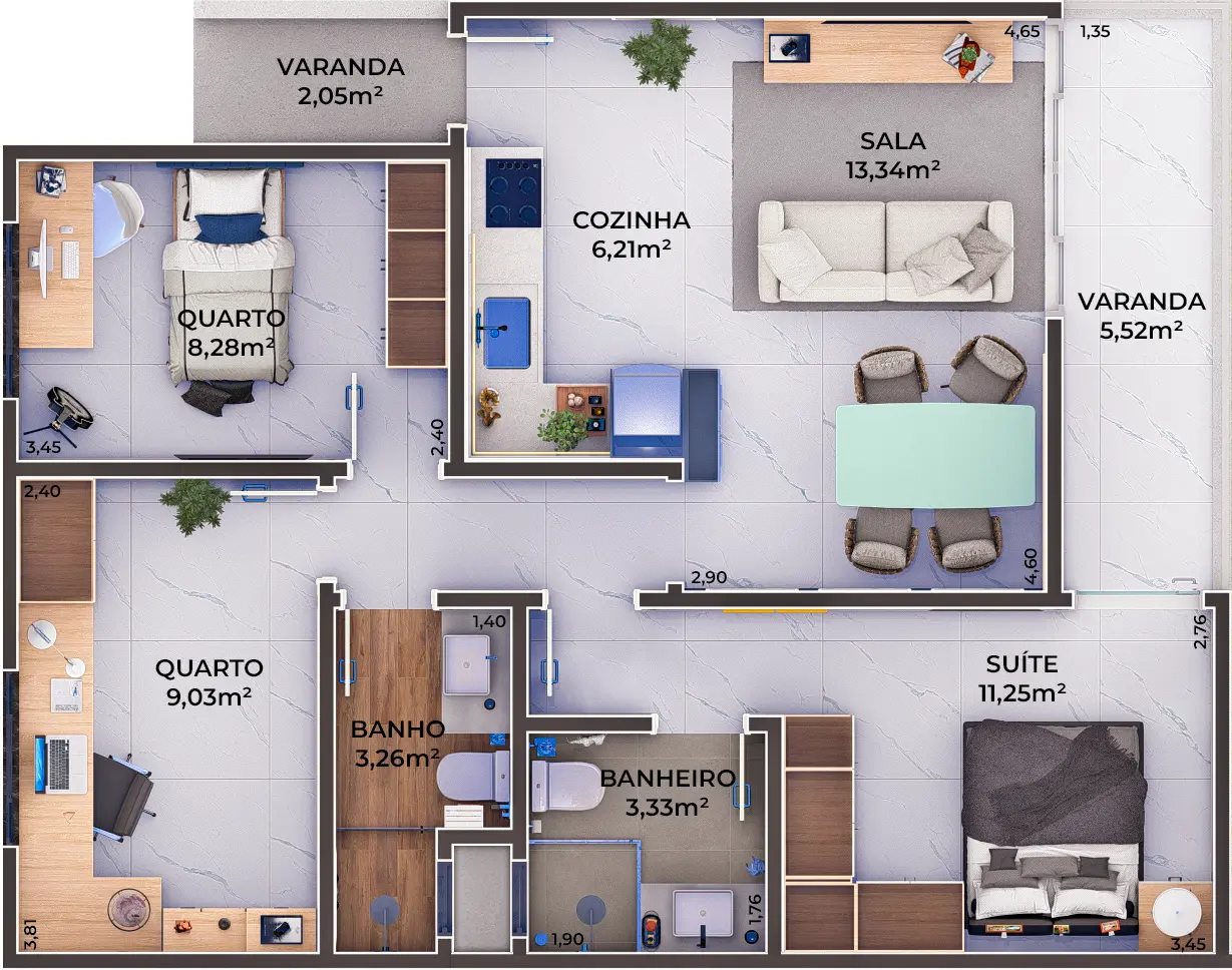 Planta humanizada de casa de 3 quartos com suíte do Vida Residencial