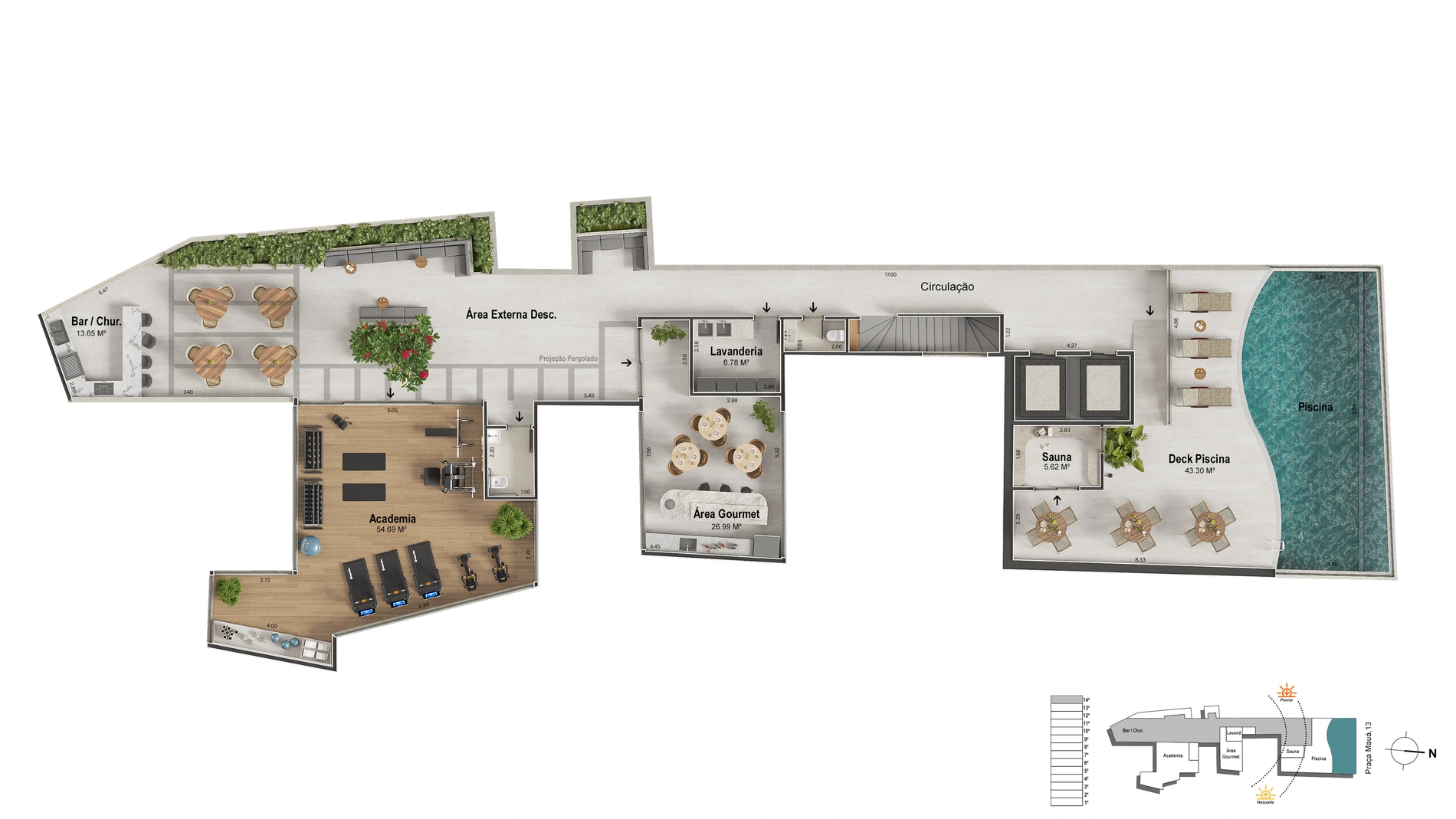 Planta do rooftop com piscina, gourmet e áreas de convivência