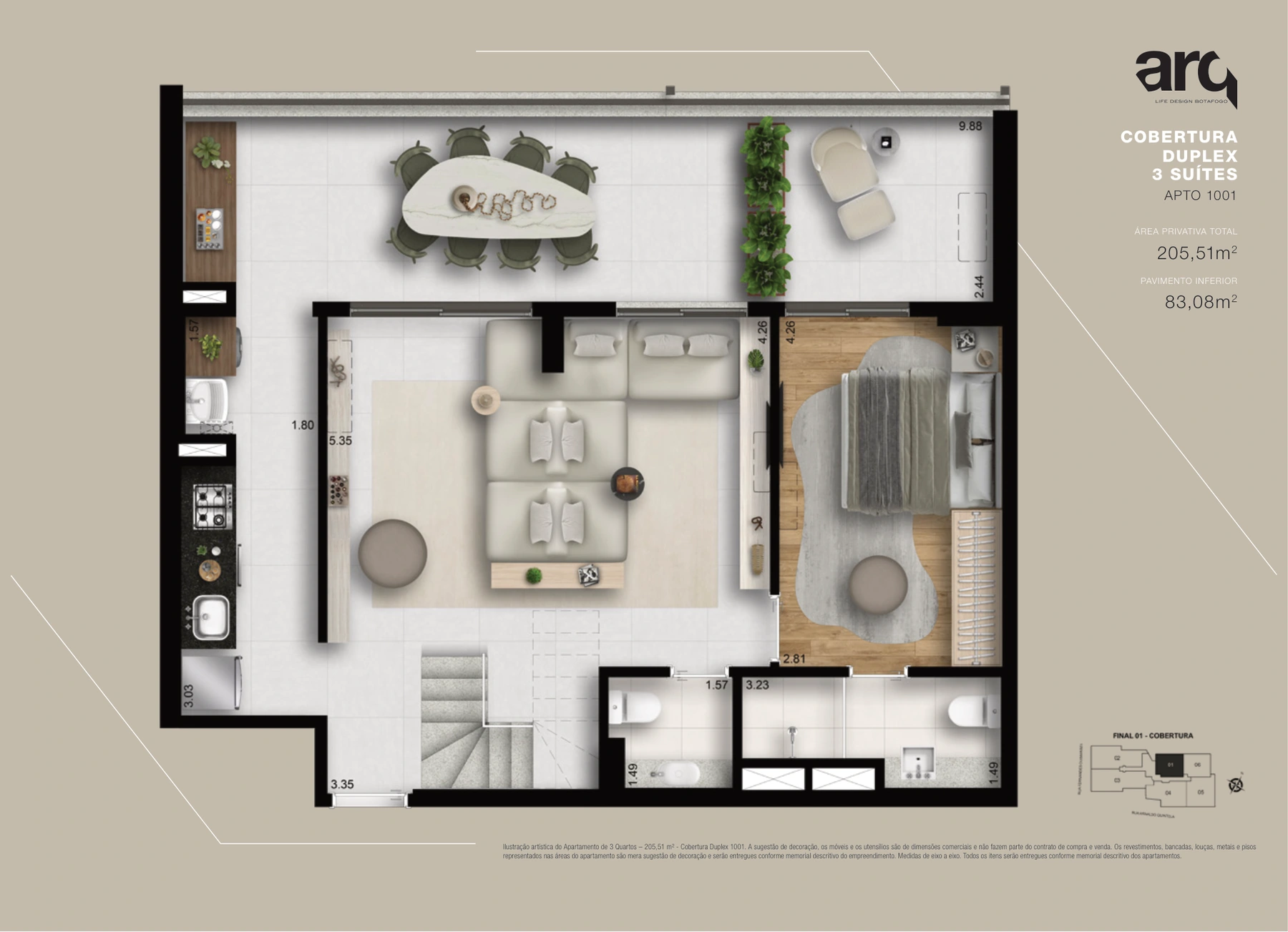 Cobertura duplex 1001 · pavimento inferior · 83,08 m²
