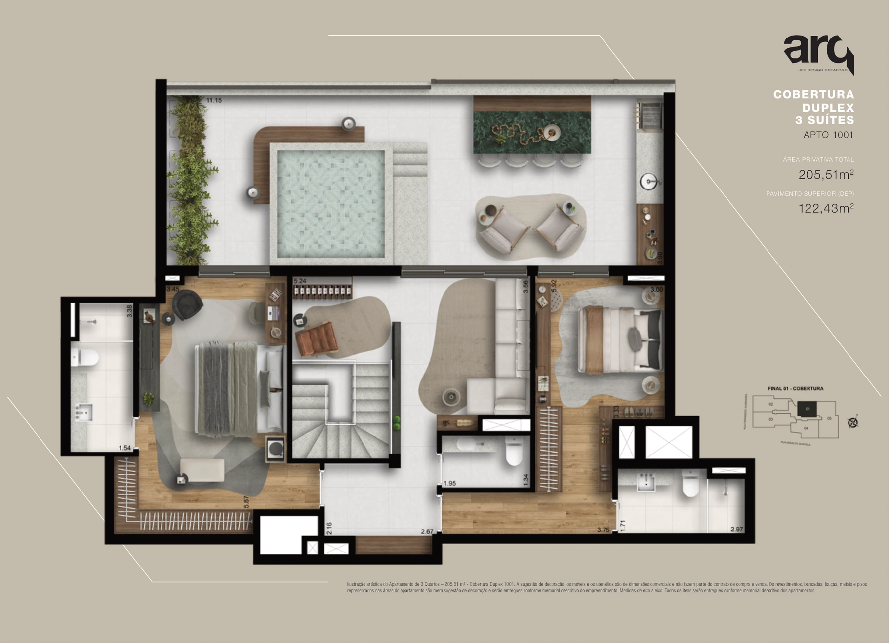 Cobertura duplex 1001 · pavimento superior · 122,43 m²