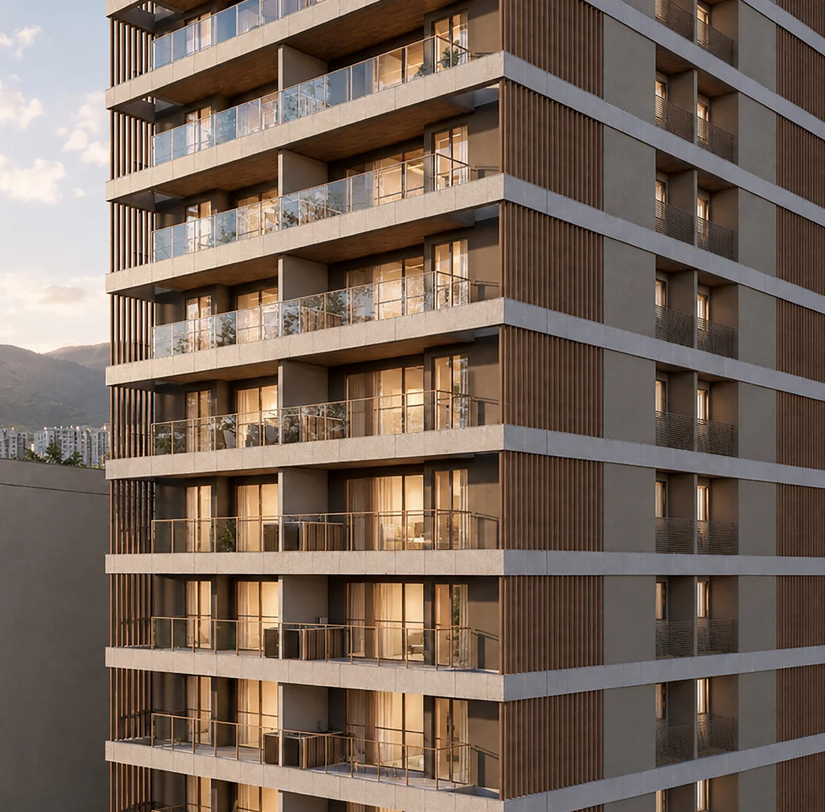 Brises e varandas do Fiore Residences — perspectiva ilustrativa