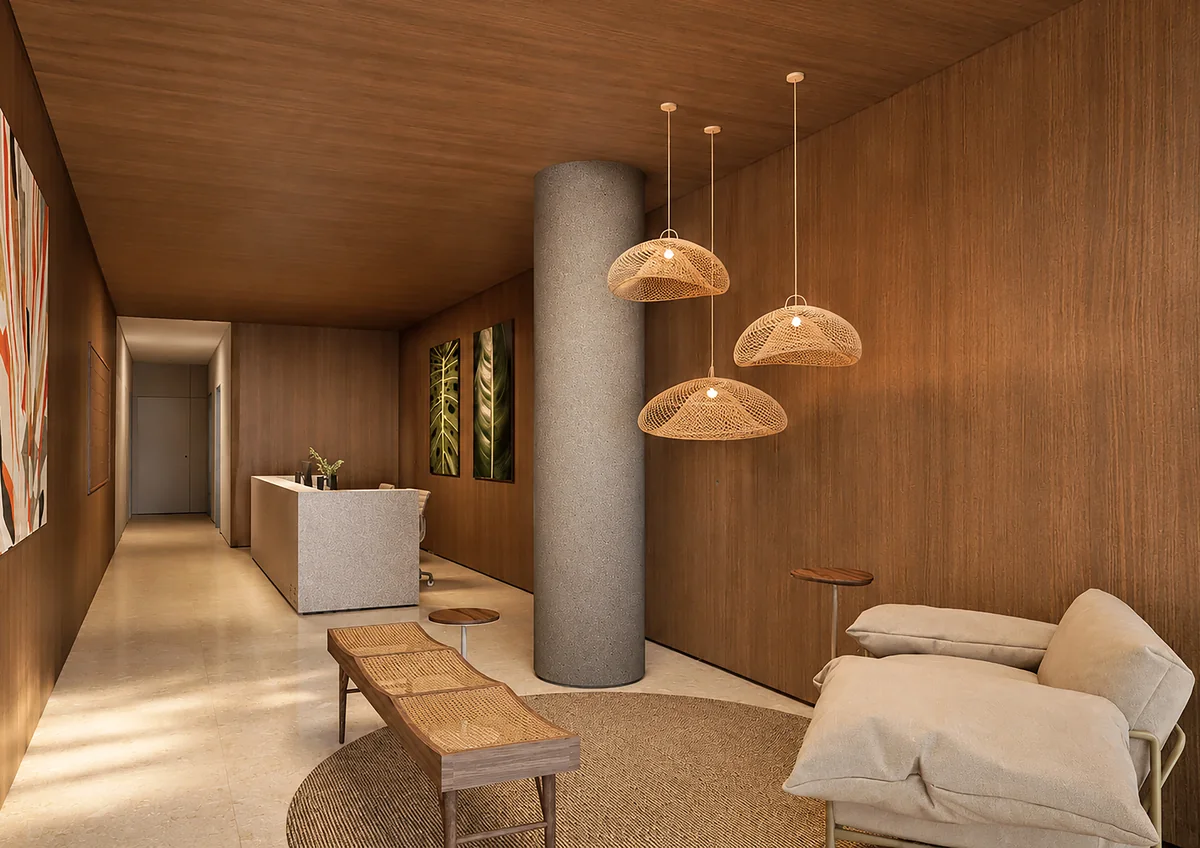 Lounge e portaria do Fiore Residences — perspectiva ilustrativa