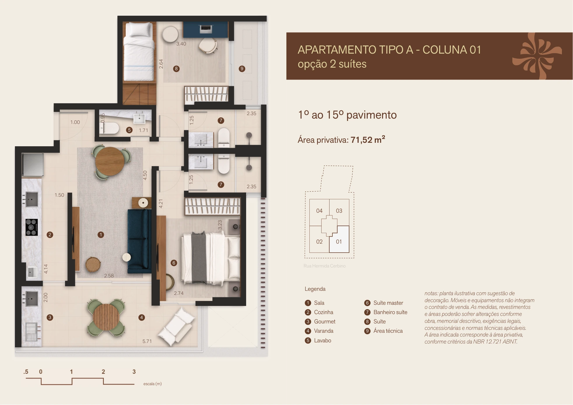 Planta Tipo A, coluna 01, duas suítes, 71,52 m² conforme book Rev06