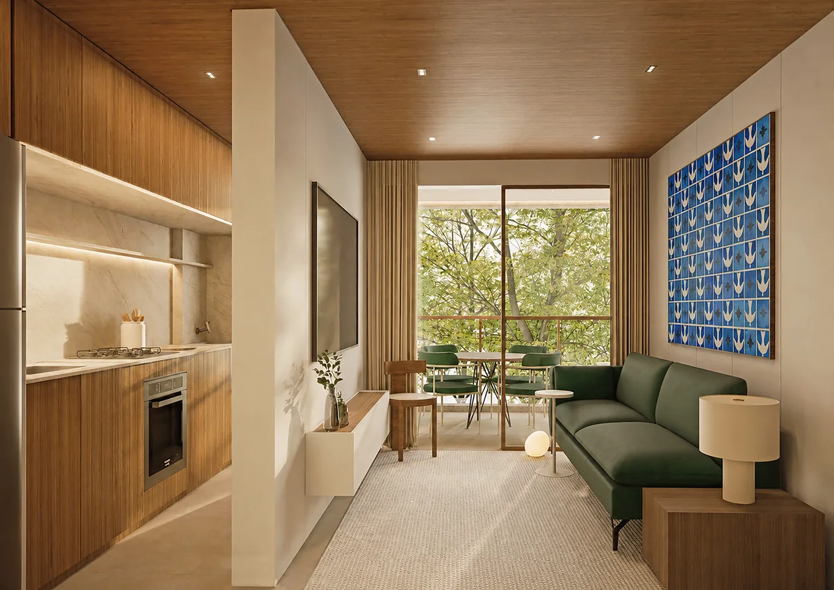 Living do Fiore Residences — perspectiva ilustrativa