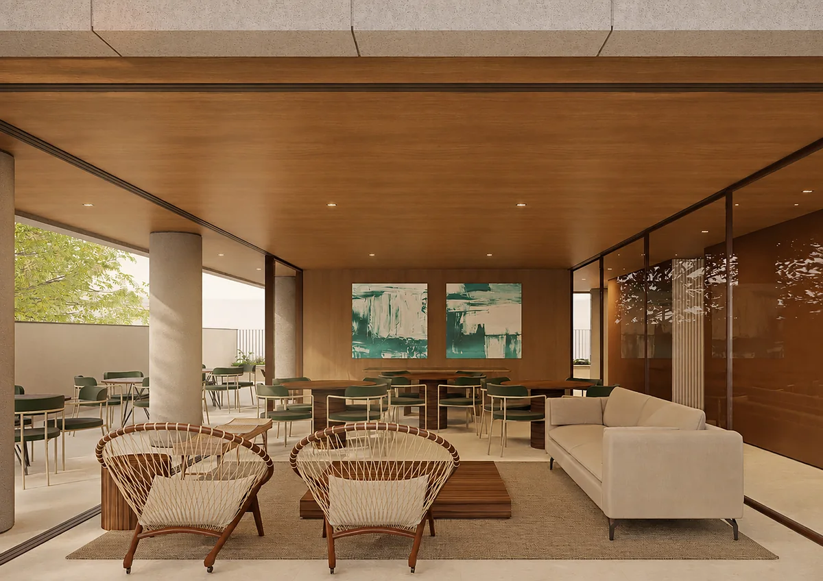 Salão de festas do Fiore Residences — perspectiva ilustrativa