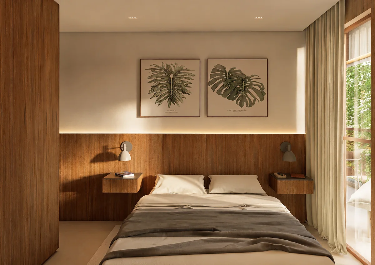 Suíte master do Fiore Residences — perspectiva ilustrativa