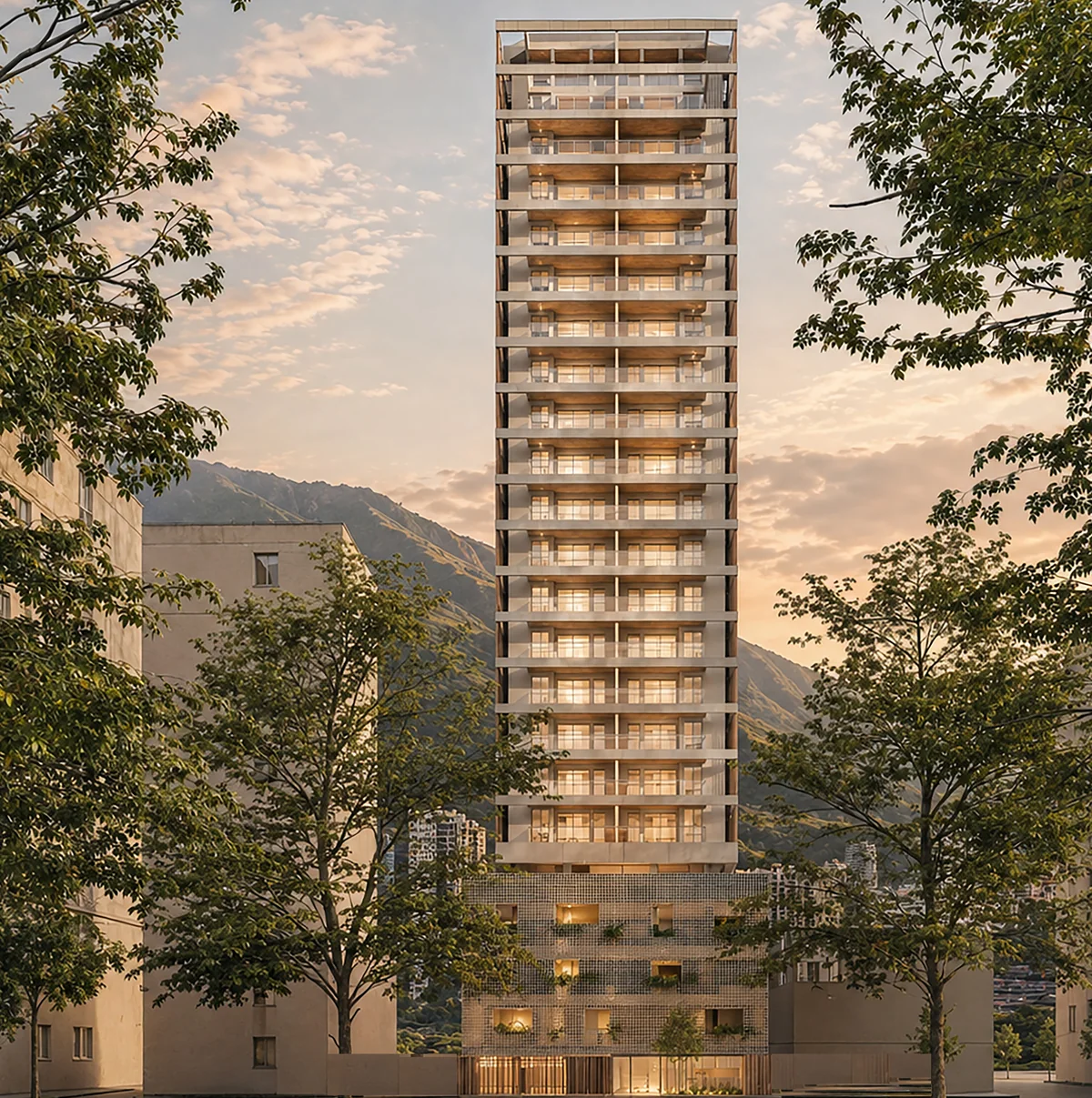 Perspectiva ilustrativa da torre do Fiore Residences ao entardecer
