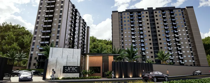 Entrada e torres residenciais do UNIC Primavera