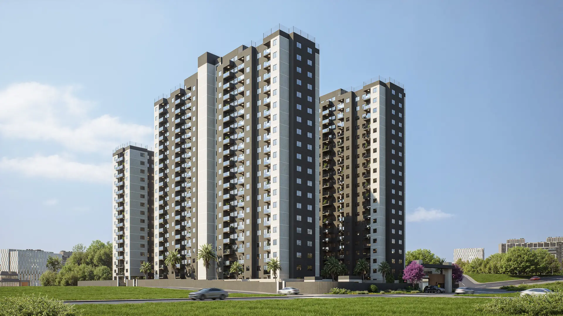 Fachada do Prime Caxias com torres residenciais e áreas verdes