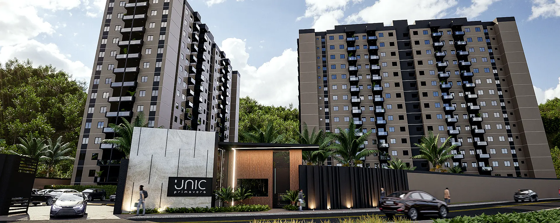 Entrada e torres residenciais do UNIC Primavera