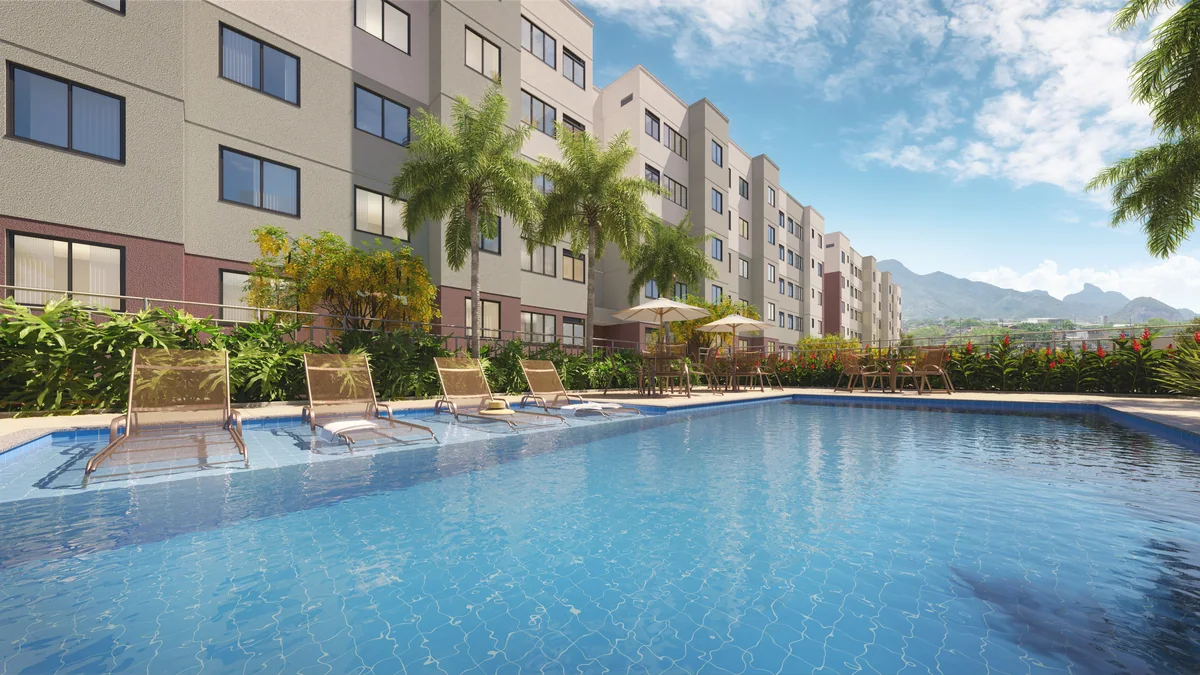 Piscina com deck molhado — perspectiva ilustrativa