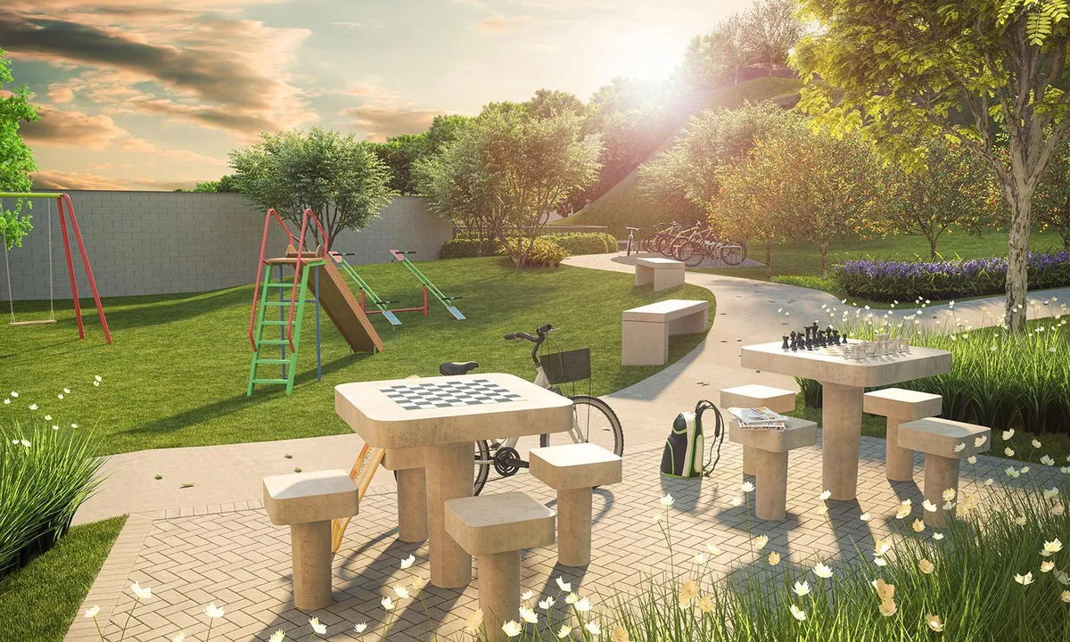 Playground e convivência — perspectiva ilustrativa
