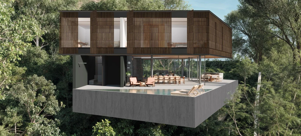 Estudo de fachada residencial — perspectiva ilustrativa