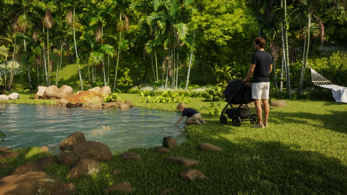 Lago e paisagismo — perspectiva ilustrativa