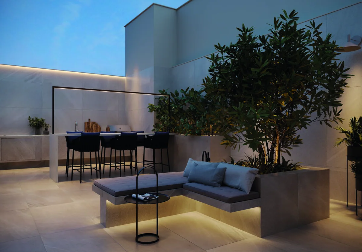 Lounge externo — perspectiva ilustrativa