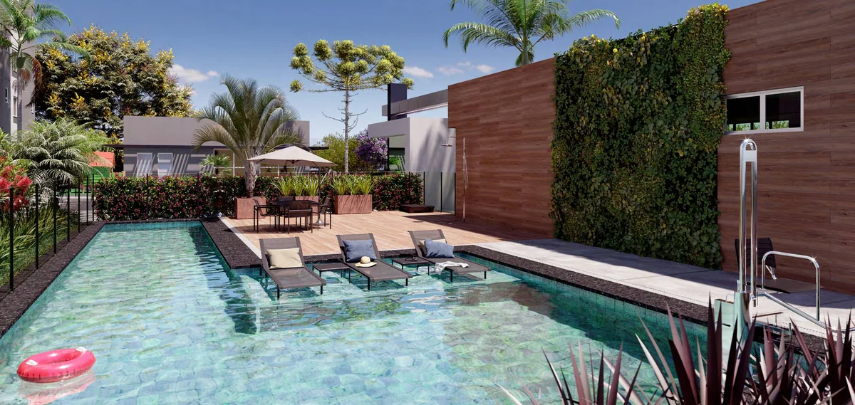 Piscina com deck molhado — perspectiva ilustrativa