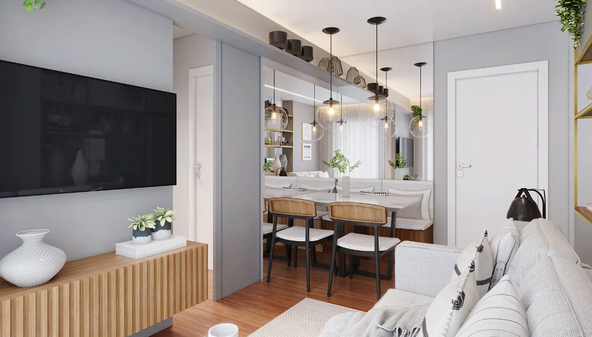 Sala com cozinha integrada — perspectiva ilustrativa