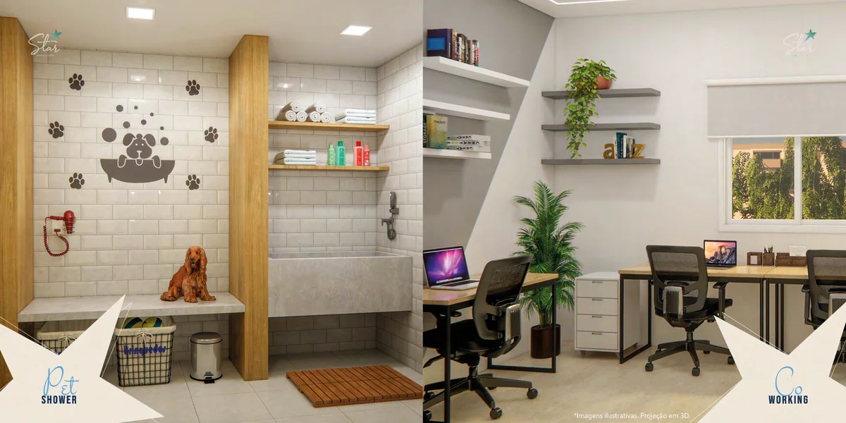 Brinquedoteca e coworking — perspectiva ilustrativa