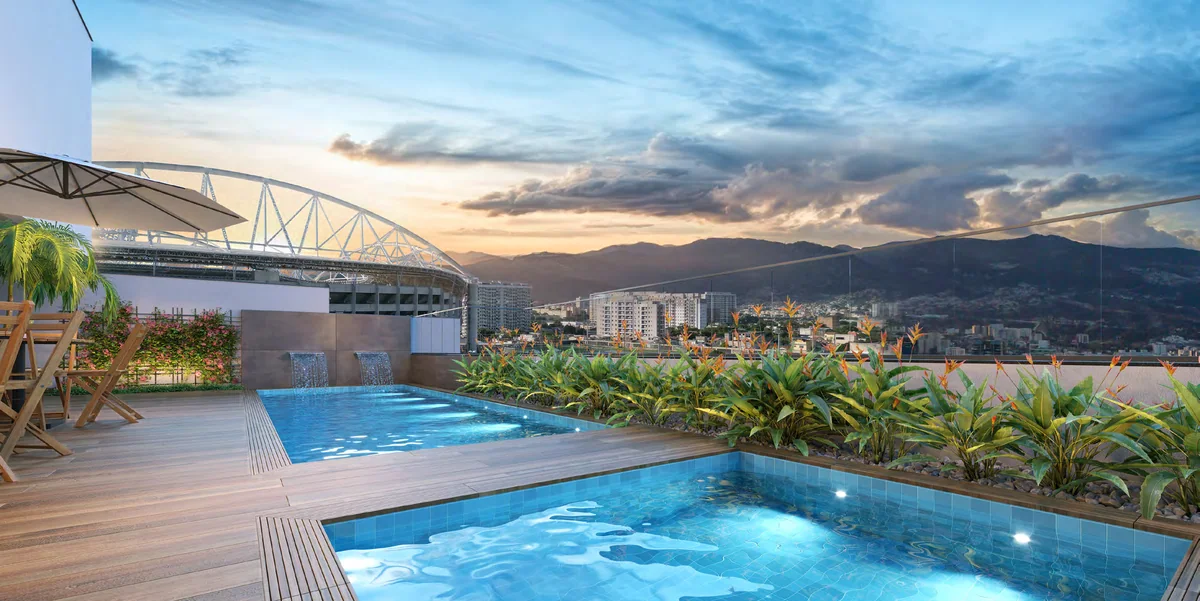 Piscinas com vista ilustrada para o Engenhão — perspectiva ilustrativa