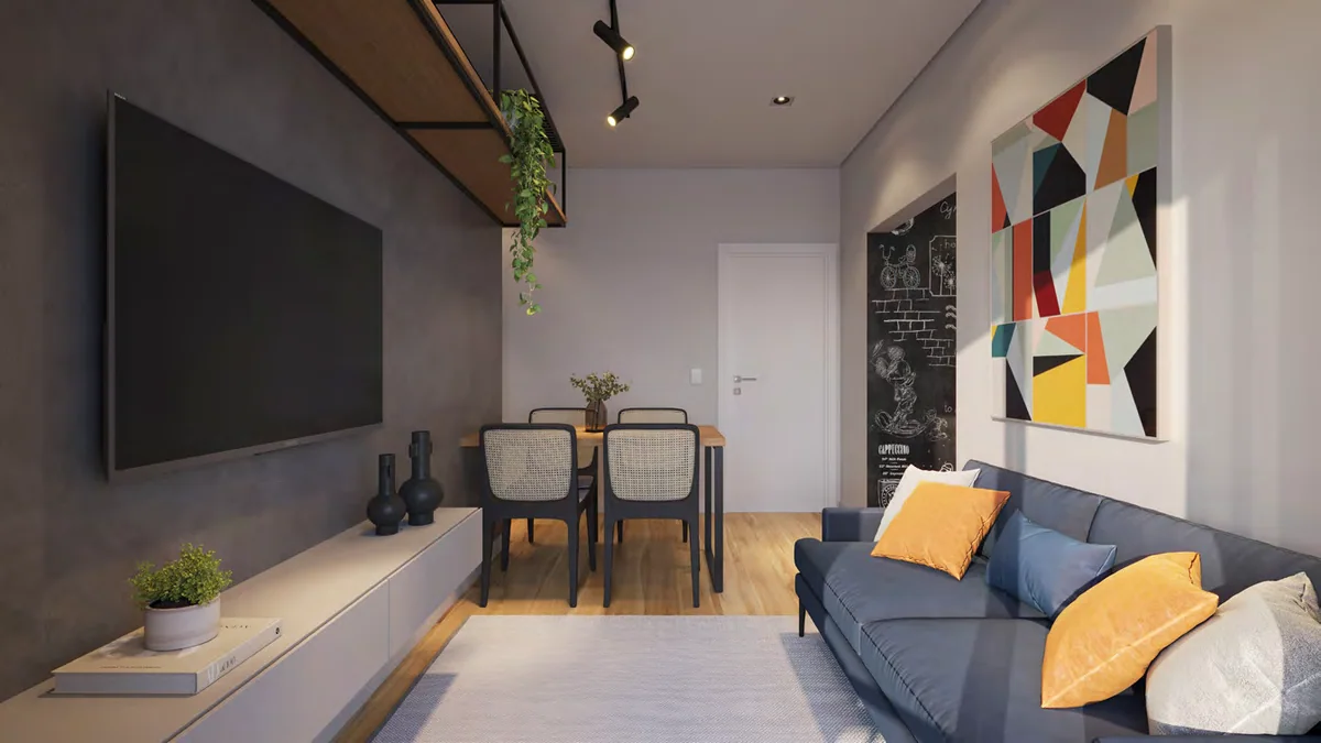 Sala e cozinha — perspectiva ilustrativa