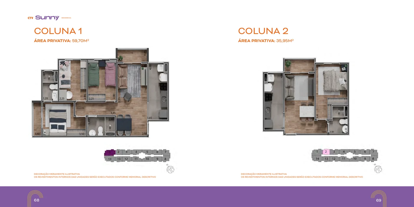 Colunas 1 e 2 · 59,70 e 35,95 m²