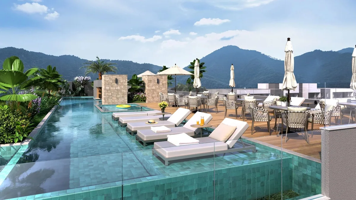 Piscinas e solário — perspectiva ilustrativa