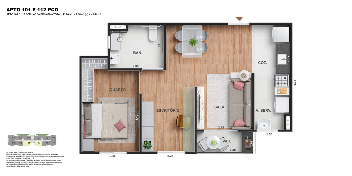 1 quarto PCD · 43,44 m²