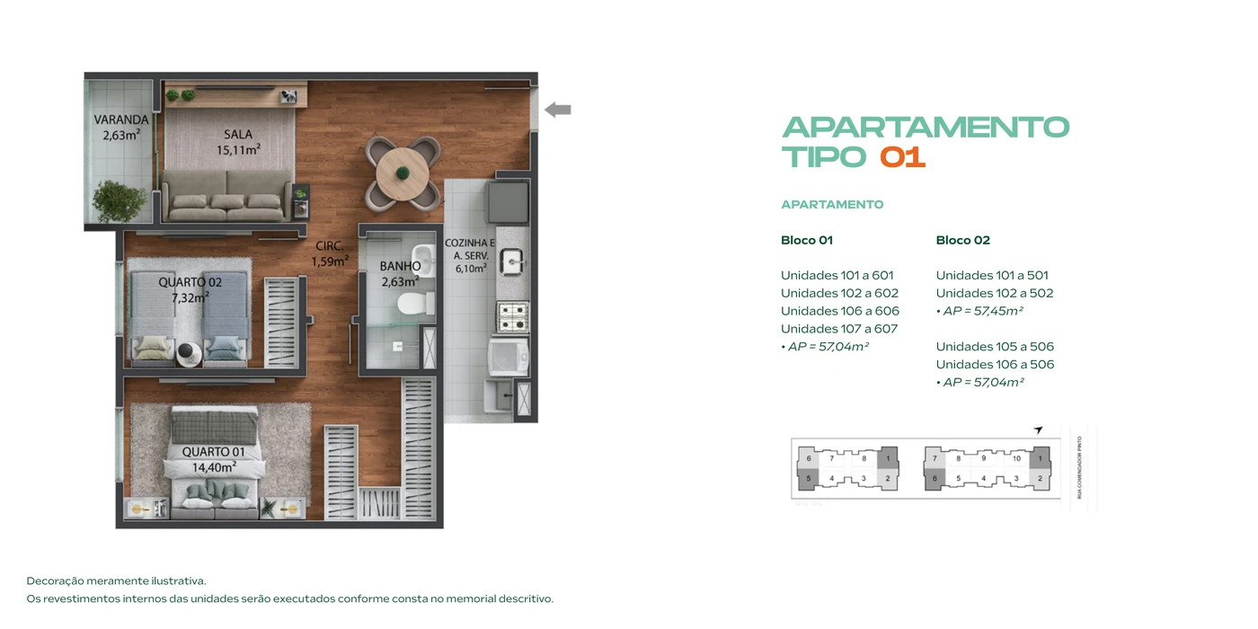Tipo 01 · 57,04 e 57,45 m²