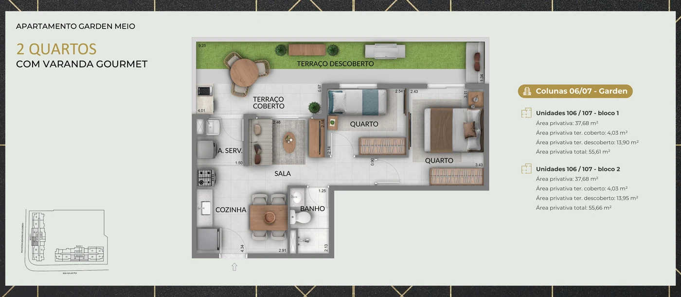 Garden · 2 quartos · 55,61 / 55,66 m²