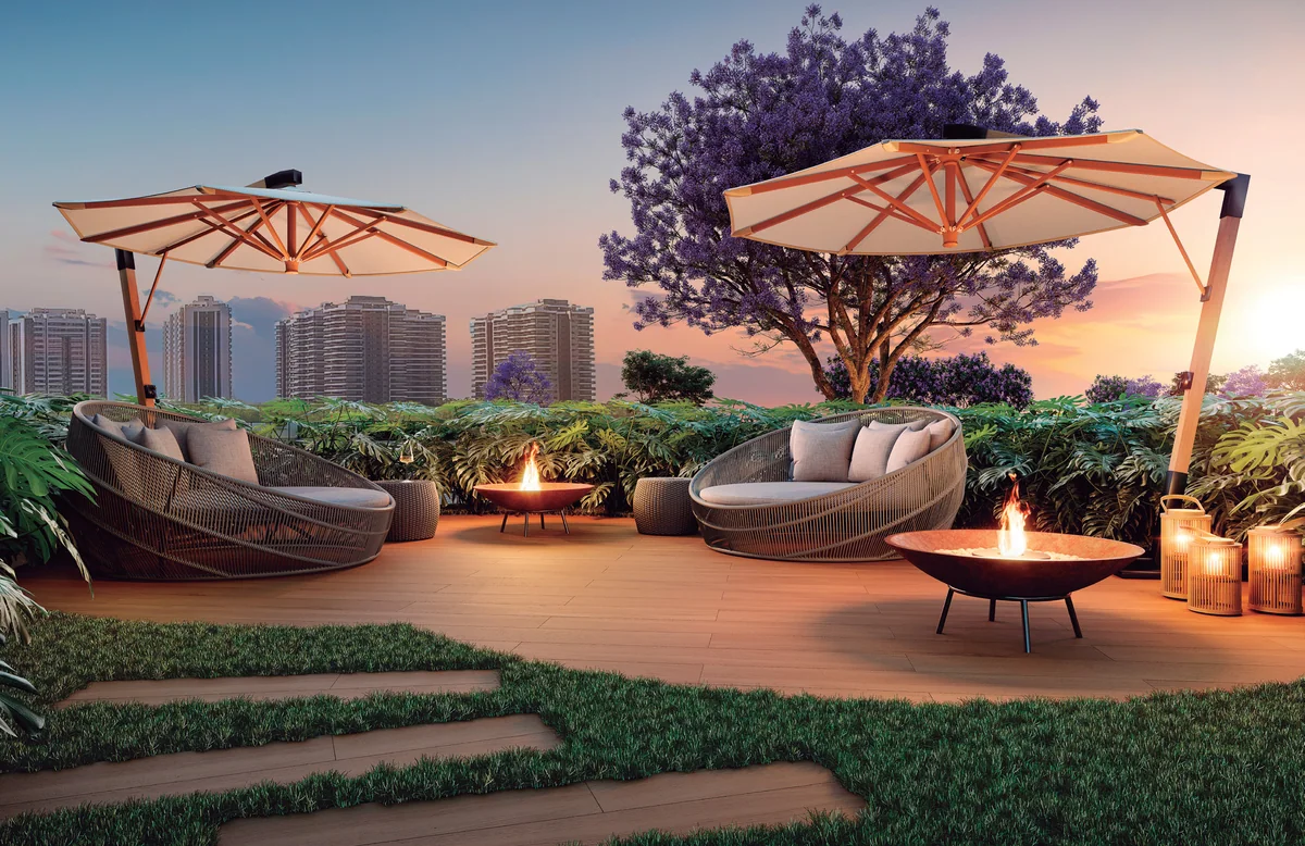 Lounge externo — perspectiva ilustrativa