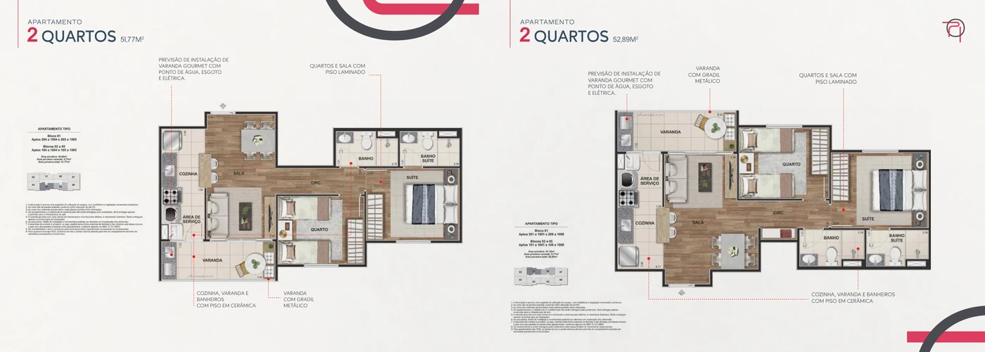 Tipos · 2 quartos · 51,77 / 52,89 m²