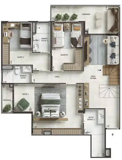 Planta ilustrativa do pavimento inferior de cobertura do RG Personal Residences