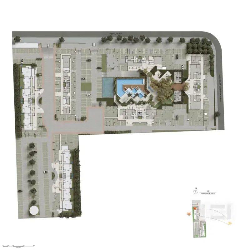 Masterplan ilustrativo do RG Personal Residences com áreas comuns identificadas