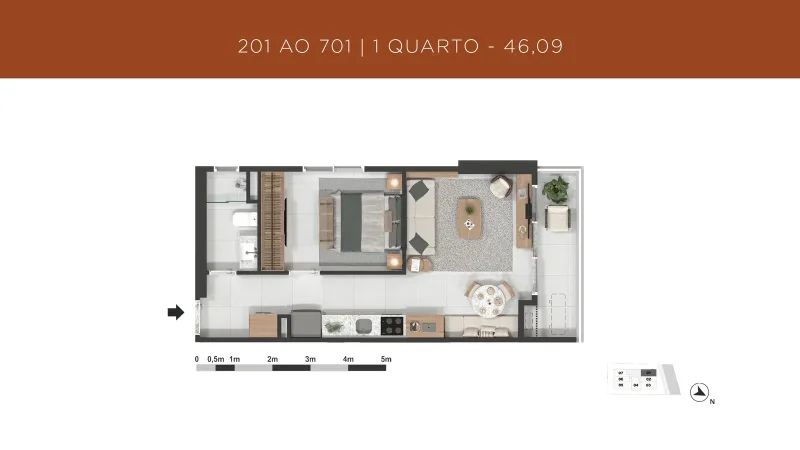 Planta ilustrativa de apartamento de 1 quarto do Gávea 99