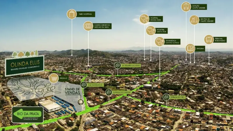 Mapa de acessos e serviços na região do Olinda Ellis em Campo Grande