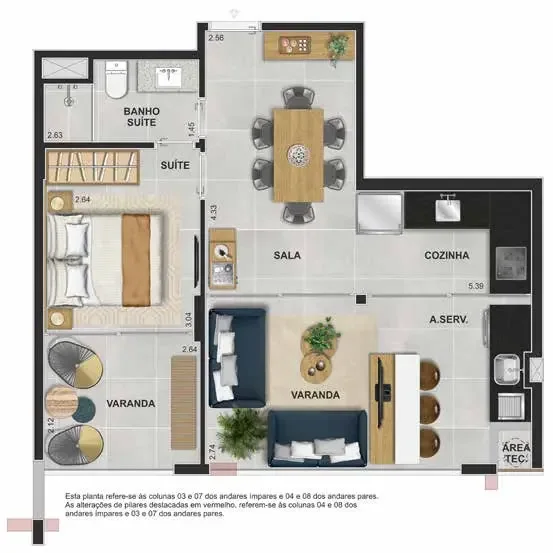 Planta ilustrativa do apartamento com 1 suíte