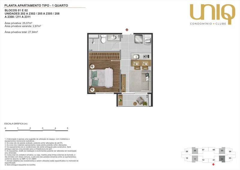 Planta de apartamento de 1 quarto do Uniq Nova Iguaçu