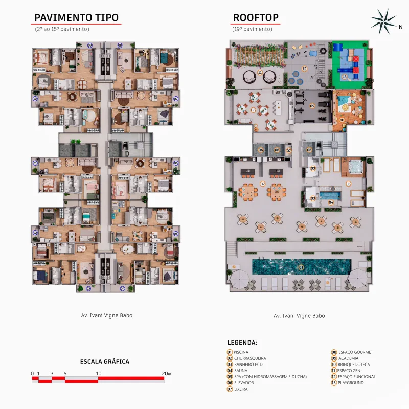 Masterplan do pavimento tipo e rooftop do Oásis Residencial