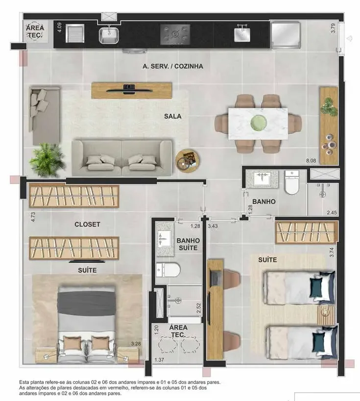 Planta ilustrativa do apartamento com 2 suítes